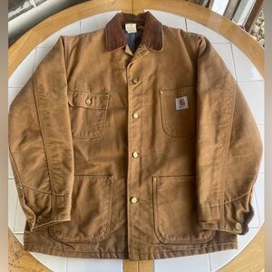 Vintage Carhartt Chore Coat 40 Medium Tan Duck Canvas Made in USA Barn Jacket
